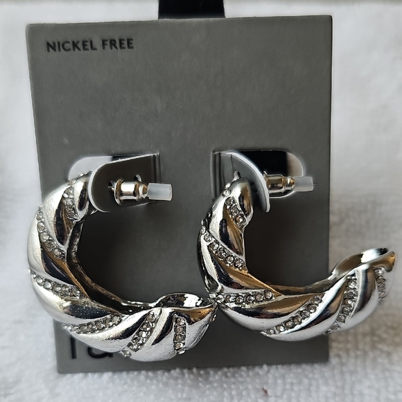 NEW Nordstrom Rack Pave Twisted Silver Hoop Earrings - Picture 7 of 8